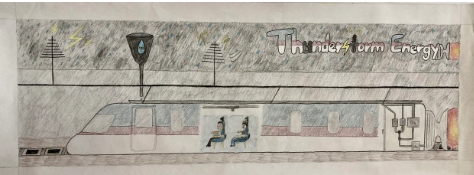 A cartoon showing a train car running on "Thunderstorm Energy."