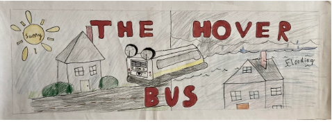 A cartoon showing "The Hover Bus" floating over flood water and also a dry street.