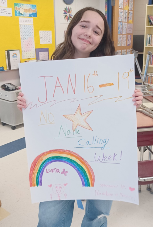 Brackett Rainbow Alliance member and her No Name Calling Week poster.